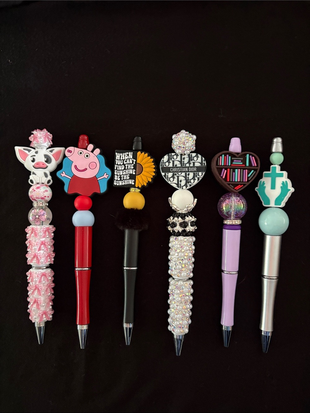 6 Assorted Decorative Refillable Beaded Pens White, Pink, Black, Purple, Red